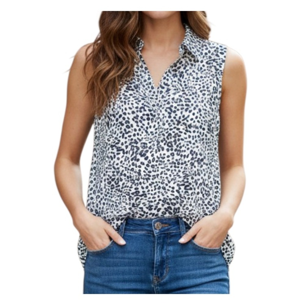 CABI 5912 CATWALK BLOUSE TOP White/Blue Leopard Print TANK POPOVER Flowy Crepe M